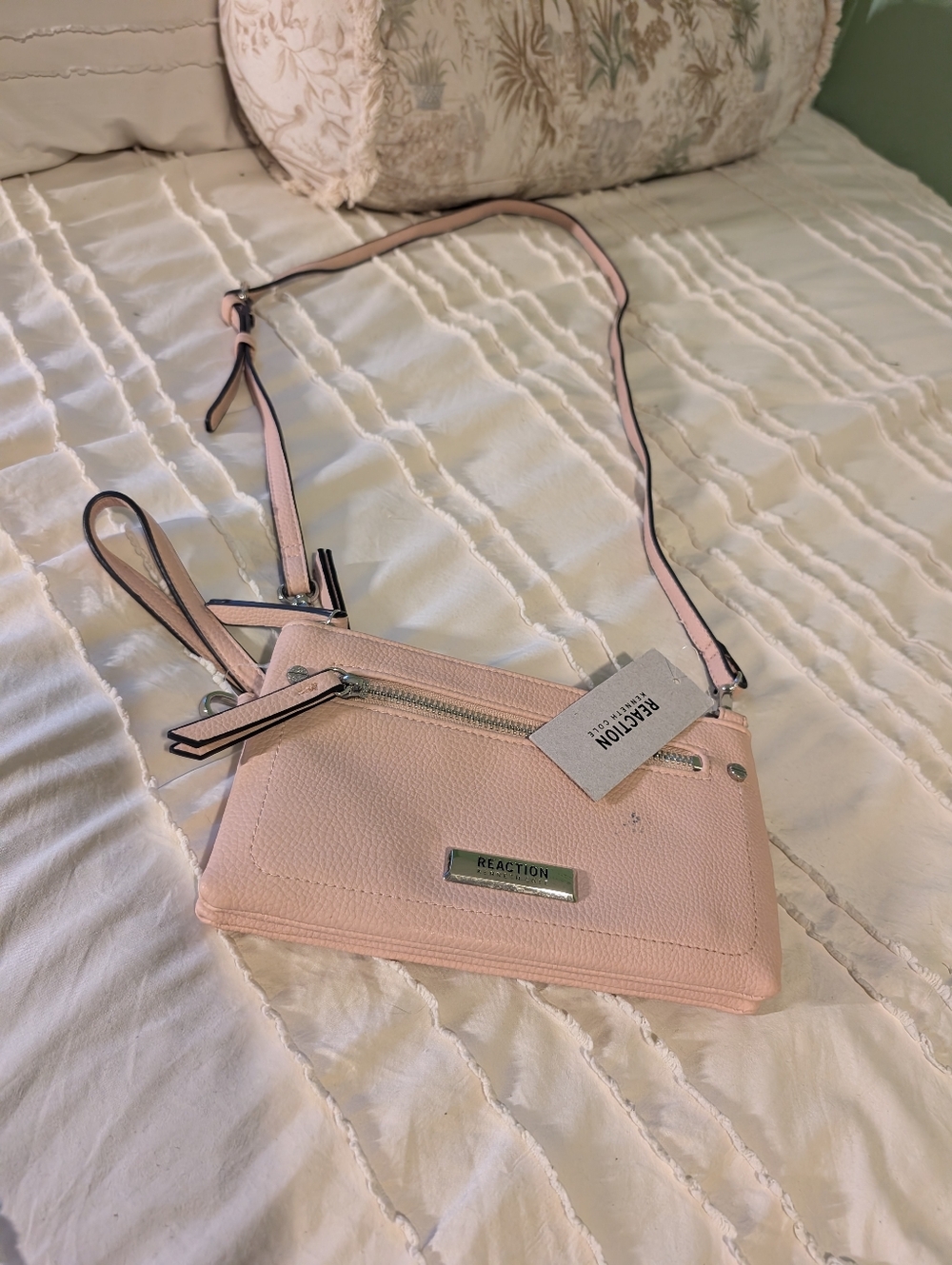 Textured Beige Crossbody Bag with Front Zip Pocket - Picture 2 of 8